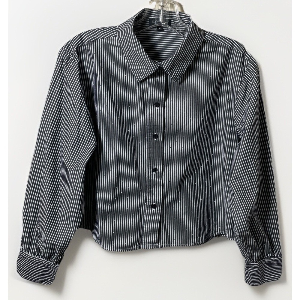 Velvet Heart Black White Rhinestone Cropped Long Sleeve Button Down Shirt M